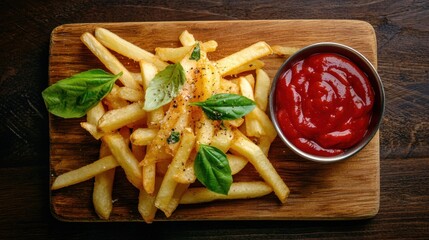 Freshly Cooked Golden French Fries with Basil and Ketchup Dipping