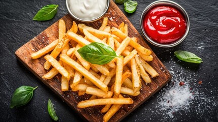 Crispy Golden French Fries with Dipping Sauces and Fresh Herbs