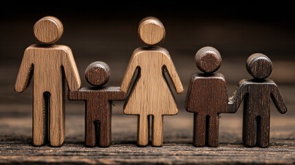 Wooden family figures standing together on a table representing child advocacy and legal representation