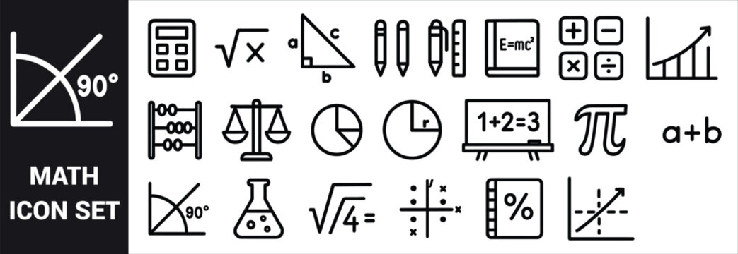 Math icons set with calculator square root triangle abacus pie chart and graphs mathematics