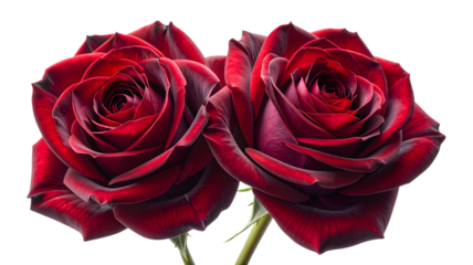 Two deep red roses bloom on a thorny green stem, symbolizing passion, love, and natural beauty on transparent background