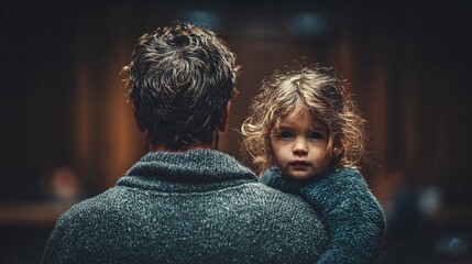 A man holding a little girl with a concerned expression on her face in a dark background with a blurred wall