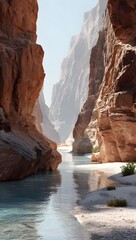 Stunning natural landscape of a desert canyon with tall rough cliffs and a small reflective river running through the sandy ground under a clear blue sky