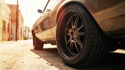 Closeup of black alloy car wheels on classic vehicle. Detailed automotive tire and rim view in urban street setting. Sunny lighting and transportation photography concept.