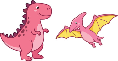 Cartoon dinosaurs set, pink tyrannosaurus rex, flying pteranodon, cute prehistoric animals, colorful vector illustration for kids, friendly dinosaur style © LITON