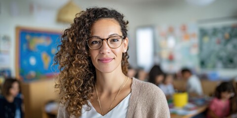 Caucasian female teacher in classroom with children learning environment
