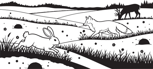 Black and white illustration of a rabbit and fox
