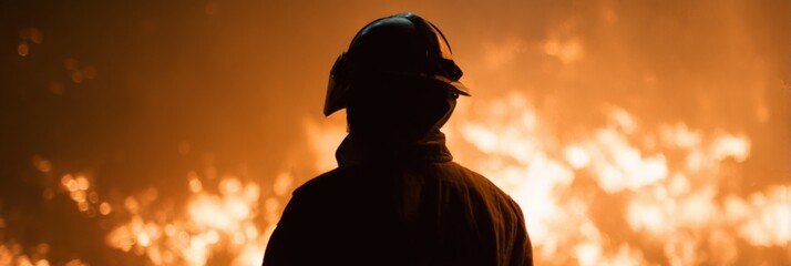 Silhouette of firefighter battling intense blaze at night