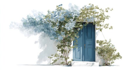 Traditional Greek Island Architecture featuring a Vibrant Blue Door set in a White Washed Wall with Green Climbing Plants and Shadows