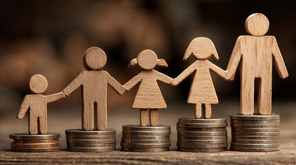 Wooden family figures standing on stacked coins representing financial obligations and child support regulations