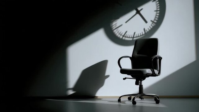 The interplay of light and shadow showcases an office chair with a clock projection. The composition generates a mysterious and evocative atmosphere