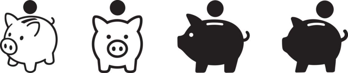 Silhouette vector set of piggy banks with coins, outline style for finance and savings.