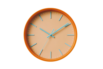 Orange framed wall clock with peach face and blue hands on black background image