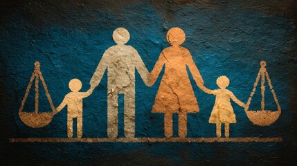 Family law governing foster care adoption concept with paper cutout figures holding scales on blue background representing child welfare and legal protection