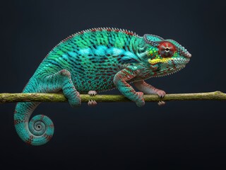 Fototapeta premium Vibrant Panther Chameleon on a Dark Forest Branch