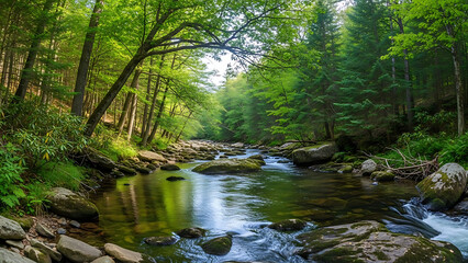 Obraz premium Forest river flowing between rocks surrounded by dense trees and reflections on water surface