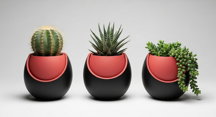 Three potted succulents in decorative planters isolated on white background, adding a touch of green to any space with their unique charm