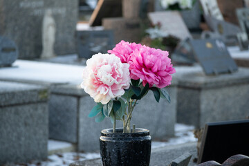 Pink and white artificial peonies in a black vase on a snowy grave in a cemetery