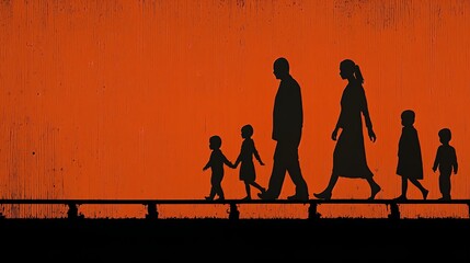 Silhouette of family with children walking on a beam against orange background, representing foster care and adoption