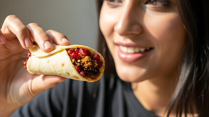 Smiling woman holding a light-colored apricot fruit leather wrap filled with vibrant red pomegranate seeds. A creative and healthy vegan snack and handmade organic dessert alternative, traditionally