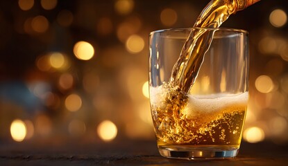 Close up of golden beer being poured from a bottle into a glass creating foam and bubbles with warm bokeh background light