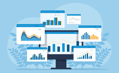 business data analytics and monitoring on web report dashboard monitor concept and flat vector illustration design data analytics research and business finance investment planning concept