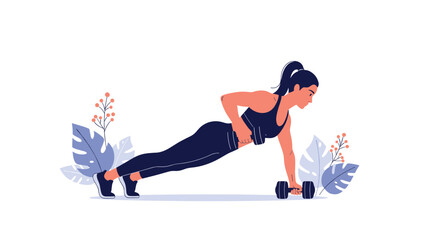 Athletic woman performs a challenging plank exercise while lifting a dumbbell during a high intensity workout session at home.