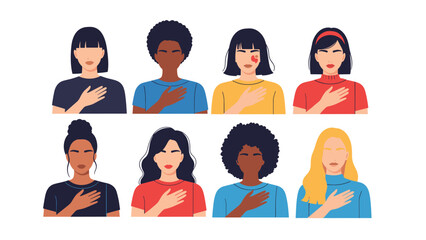 Diverse group of women from various backgrounds stand with their hands placed over their hearts in a sign of sincerity or pride.