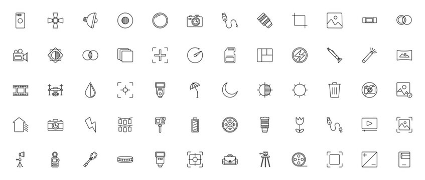 Photography icon set. Camera vector icons pack. Minimal line icons including lens, flash, tripod, drone, selfie, editing, lighting and more. Editable stroke.