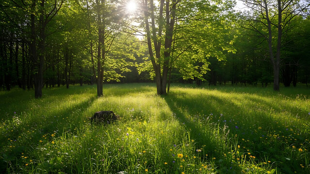 Sunlit forest clearing with grass and wildflowers creating open natural space