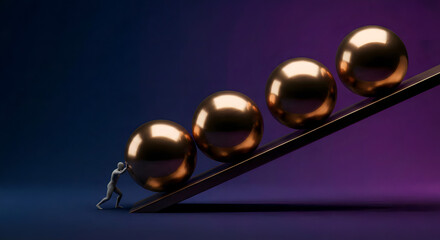 Minimal 3d figure pushing the word AMBITIONS up a ramp