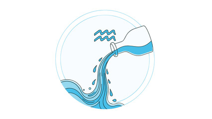 Naklejka premium Stylized illustration of the Aquarius zodiac sign features water flowing gracefully from a tilted earthenware jar.