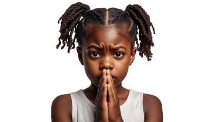 A young African American girl praying with hope on transparent background