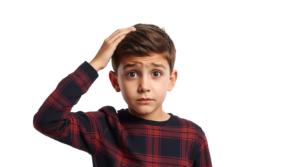 A young boy scratching his head on transparent background