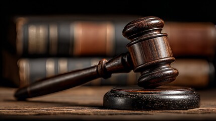 Dark wooden gavel resting on sound block with blurred law books in background symbolizing justice and legal proceedings in a courtroom setting