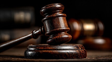 Close up of wooden gavel on sound block in courtroom with blurred background, symbolizing justice and law