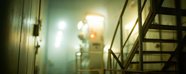 Staircase leading down into a mechanical chamber with blurred railing in focus at the entrance