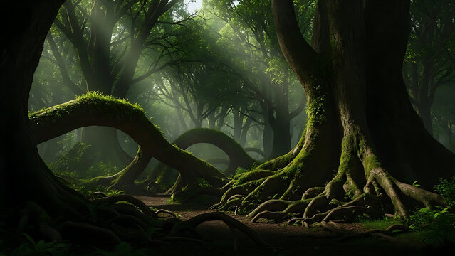 Ancient forest with massive trees thick roots and deep green shadows creating mystical mood