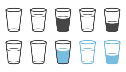 Water glass icon vector set, featuring tall, full, half, and empty glasses, blue and black flat outline style, including milk and water symbols, © vector gelary