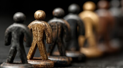 Group of metallic human figures standing together representing social issues and civil rights litigation enforcing constitutional rights