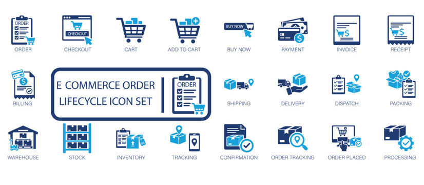 E-commerce order lifecycle icon set featuring shopping cart, checkout, payment, invoice, shipping, warehouse, inventory tracking, delivery, and order processing symbols.