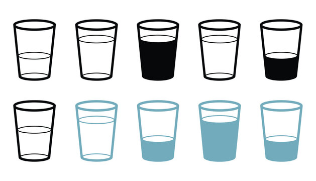 Water glass icon vector set, blue and black flat outline, including tall, full, half, and empty drink glasses, milk and water symbols, line pictograms, clean modern vector illustration 