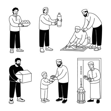 Islamic Acts of Kindness: Depiction of various acts of charity and service within the Islamic faith, symbolizing compassion and communal support, rendered in an elegant graphic style.