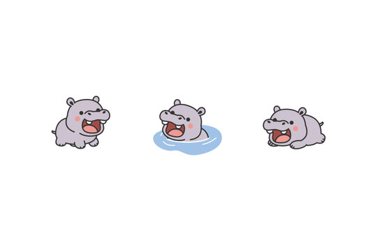 Cute kawaii hippopotamus collection, vector illustration
