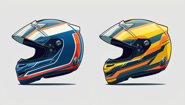 Formula 1 A vector graphic illustration of two motorcycle helmets with vibrant designs