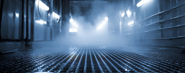 Metal wash bay with grates and hoses in a blurred view, showing steam rising in an industrial setting