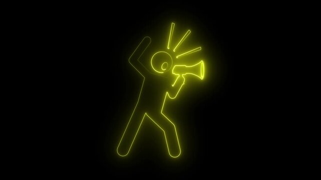 Glowing neon sign of a person holding a megaphone and shouting with one hand raised in the air on a black background