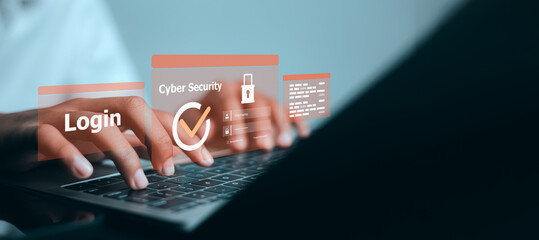 Person typing on laptop keyboard for secure login with cyber security interface. Data protection, password access, internet safety and digital privacy concept.