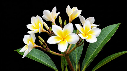 Obraz premium Yellow and white frangipani on black background