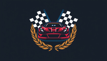 Formula 1 A vector graphic illustration of a red sports car with checkered flags and a laurel wreath on a